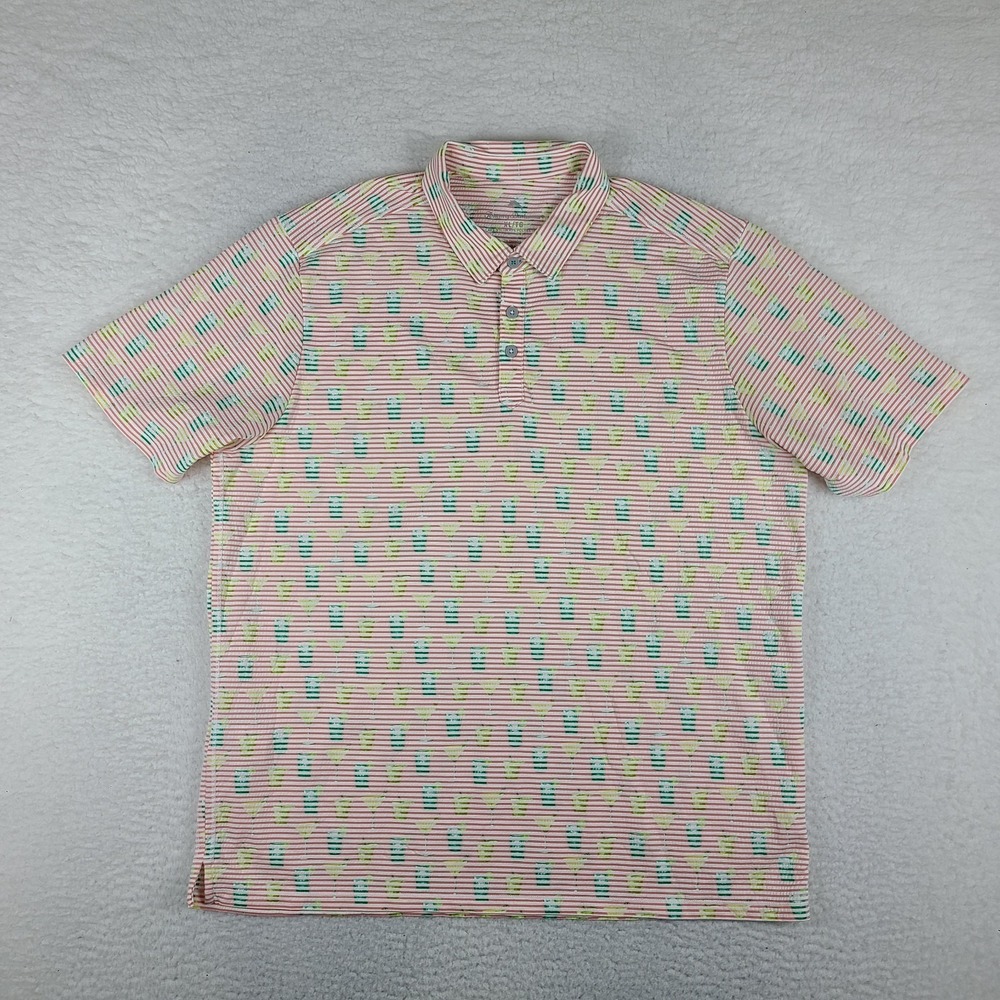 Tommy Bahama‎ Polo Shirt Mens XL Pink White Green Striped Performance Nylon